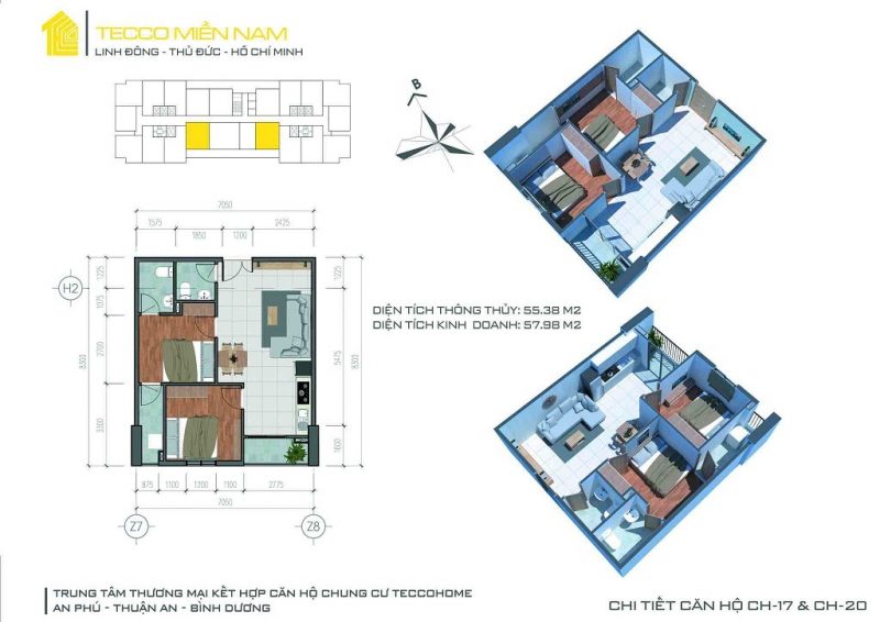 thiết kế mặt bằng căn hộ 2 phòng ngủ 2PN TECCO HOME